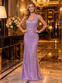 Sparkly Sequin Sleeveless Mermaid V Neck Long Evening Dresses
