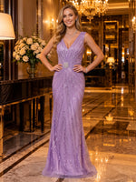 Sparkly Sequin Sleeveless Mermaid V Neck Long Evening Dresses