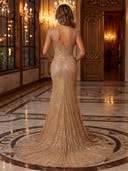 Sparkly Sequin Cap Sleeves Mermaid V Neck Long Evening Dresses with Slit