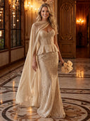 Sparkly Sequin Strapless Mermaid Long Evening Dresses with Scarf