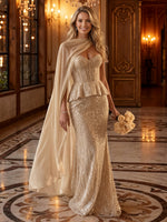 Sparkly Sequin Strapless Mermaid Long Evening Dresses with Scarf