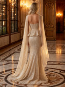 Sparkly Sequin Strapless Mermaid Long Evening Dresses with Scarf