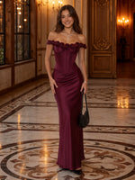 Satin Off Shoulder Rose Mermaid Long Evening Dresses