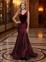 Velvet V Neck Mermaid Long Evening Dresses with Sequins