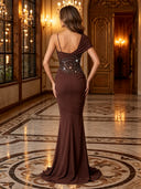 Sequine Mermaid One Shoulder Pleated Long Evening Dresses