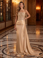 Sequine Mermaid Strapless Pleated Long Evening Dresses
