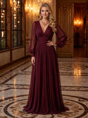 Chiffon V Neck Pleated Long Evening Dresses with Sleeves