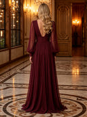 Chiffon V Neck Pleated Long Evening Dresses with Sleeves