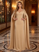 Satin V Neck Cape Sleeves Long Evening Dresses with Beads