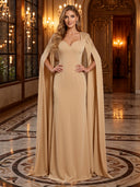 Satin V Neck Cape Sleeves Long Evening Dresses with Beads