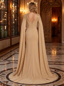 Satin V Neck Cape Sleeves Long Evening Dresses with Beads