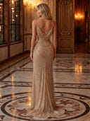 Sequin Cowl Neck Spaghetti Straps Long Evening Dresses with Slit