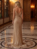 Sequin Cowl Neck Spaghetti Straps Long Evening Dresses with Slit