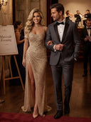 Sequin Cowl Neck Spaghetti Straps Long Evening Dresses with Slit