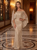 Sequin Off Shoulder Mermaid Long Evening Dresses with Cape
