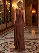 Sequin Boat Neck Mermaid Pleated Mesh Long Evening Dresses