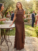 Sequin Boat Neck Mermaid Pleated Mesh Long Evening Dresses