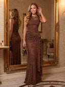 Sequin Boat Neck Mermaid Pleated Mesh Long Evening Dresses