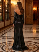 One Shoulder Long Sleeve Sequin Long Evening Dresses with Slit