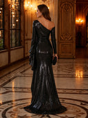One Shoulder Long Sleeve Sequin Long Evening Dresses with Slit
