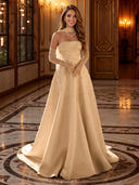 Satin Strapless A Line Beaded Long Evening Dresses with Scarf