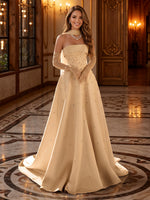 Satin Strapless A Line Beaded Long Evening Dresses with Scarf