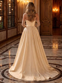 Satin Strapless A Line Beaded Long Evening Dresses with Scarf