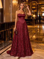 Satin Strapless A Line Long Evening Dresses with Sequin