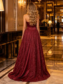 Satin Strapless A Line Long Evening Dresses with Sequin