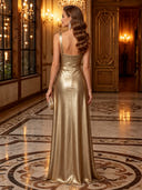 Metallic Satin Cowl Neck Mermaid Long Evening Dresses with Slit