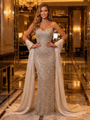 Sequin Strapless Mermaid Long Evening Dresses with Scarf