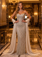 Sequin Strapless Mermaid Long Evening Dresses with Scarf