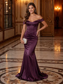 Satin Off Shoulder V Neck Mermaid Long Evening Dresses