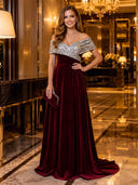 Velvet Off Shoulder V Neck A Line Long Evening Dresses