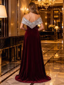 Velvet Off Shoulder V Neck A Line Long Evening Dresses