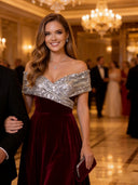 Velvet Off Shoulder V Neck A Line Long Evening Dresses