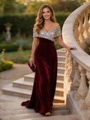 Velvet Off Shoulder V Neck A Line Long Evening Dresses