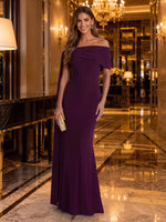 Chiffon Off Shoulder Mermaid Long Evening Dresses with Cape