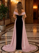 Sequin Off The Shoulder Velvet Mermaid Long Evening Dresses With Overskirt