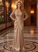Sequin Off The Shoulder Mermaid Long Evening Dresses with Sleeves