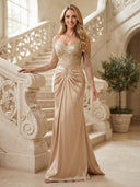 Sequin Off The Shoulder Mermaid Long Evening Dresses with Sleeves