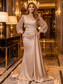 Sequin V Neck Mermaid Long Evening Dresses with Sleeves