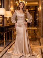 Sequin V Neck Mermaid Long Evening Dresses with Sleeves