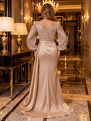 Sequin V Neck Mermaid Long Evening Dresses with Sleeves