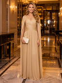 Chiffon V Neck Ruched Long Evening Dresses with Cape Sleeves