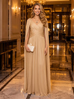 Chiffon V Neck Ruched Long Evening Dresses with Cape Sleeves