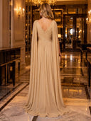Chiffon V Neck Ruched Long Evening Dresses with Cape Sleeves