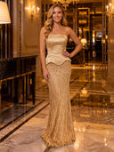Satin Two Piece Strapless Beaded Mermaid Long Evening Dresses