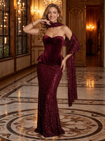 Velvet Strapless Mermaid Long Evening Dresses with Scarf