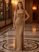 Sequin Square Neck 3D Floral Applique Mermaid Long Evening Dresses with Slit